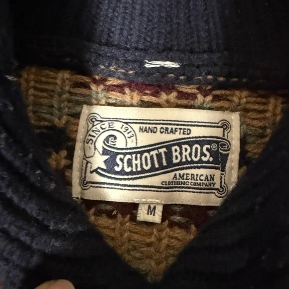Schott Bros Mens M Wool Blend Shawl Collar Southwestern Fair Isle Sweater Navy - Picture 2 of 5